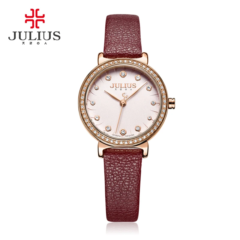 Юлий 2018 часы для Для женщин кварцевые наручные часы со стразами красный кожаный ремешок Relogio Feminino модные часы Dropshipping JA-965
