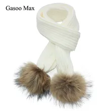 150*16 см детский вязаный шерстяной шарф, вязаные зимние меховые шарфы со съемным натуральным мехом енота, помпоны, шейный шарф