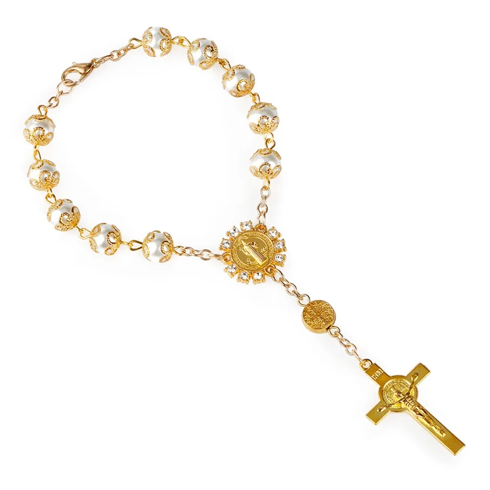 

New Arrival 8mm Gold Pattern Imitation Pearl Bead Holy Rosaries Bracelet Catholic Rosary Bracelets Bead Cross Bracelet