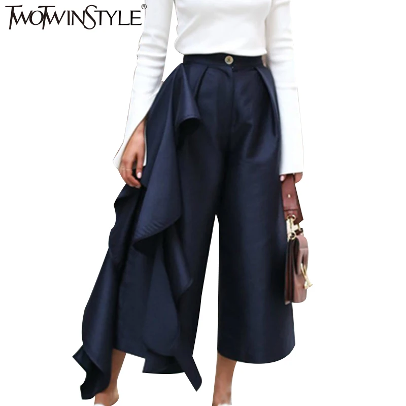 TWOTWINSTYLE كشكش السراويل للنساء عالية الخصر بنطال ذو قصة أرجل واسعة الإناث عارضة بالازو قيعان كبيرة أحجام الملابس الكورية الخريف