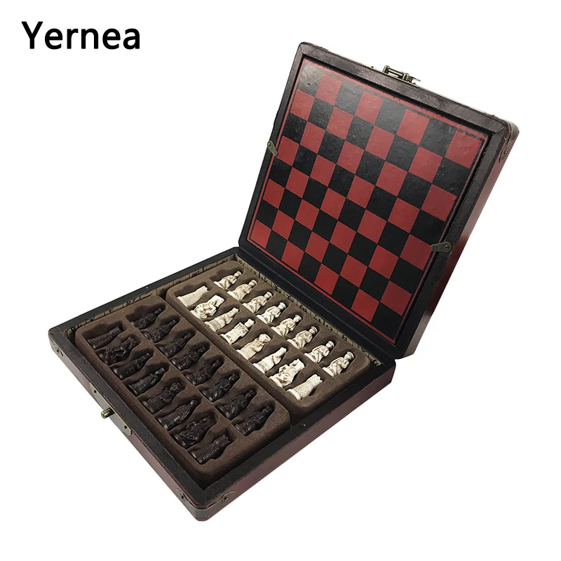 

Yernea Hot Antique Chess Game Set Vintage Resin Chess Lifelike Pieces Separate Checkerboard Game Pattern Chess Box Gift