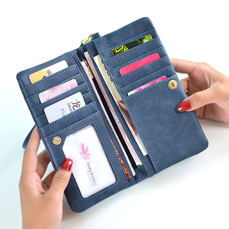 High Capacity Fashion Women Wallets Long Dull Polish PU Leather Wallet Female Double Zipper Clutch Coin Purse Ladies Wristlet