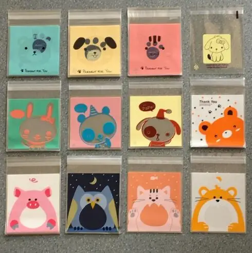 50 шт. 10*10 см 12 Дизайн милые animial самоклеящиеся Пластик Сумки для печенья печенье