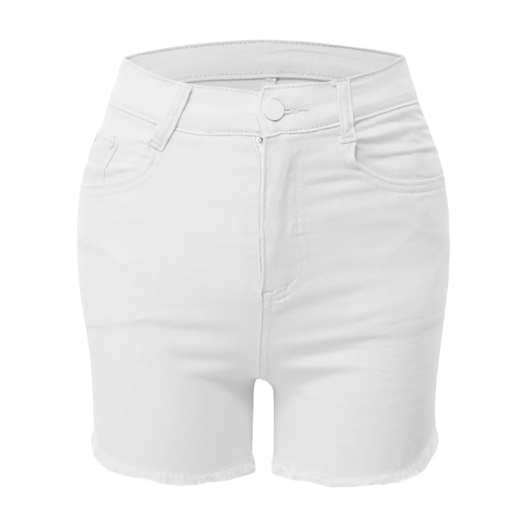 Летние женские модные джинсовые шорты с высокой талией и пуговицами, однотонные популярные шорты размера плюс, женские повседневные облегающие шорты - Цвет: Белый
