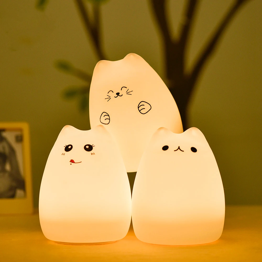 SuperNight Cute Cartoon Cat LED Night Light 7 Colors Silicone Rechargeable TapRemote Control Children Baby Bedside Table Lamp (3)