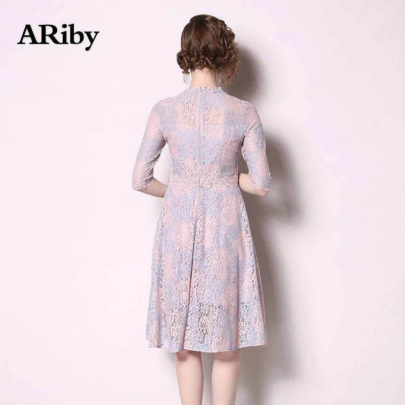 Lace Women Dress 2019 Spring/Summer New Lady High-end Elegant Temperament Slimming Five-sleeved O-Neck Hollow-out A-Line Dress