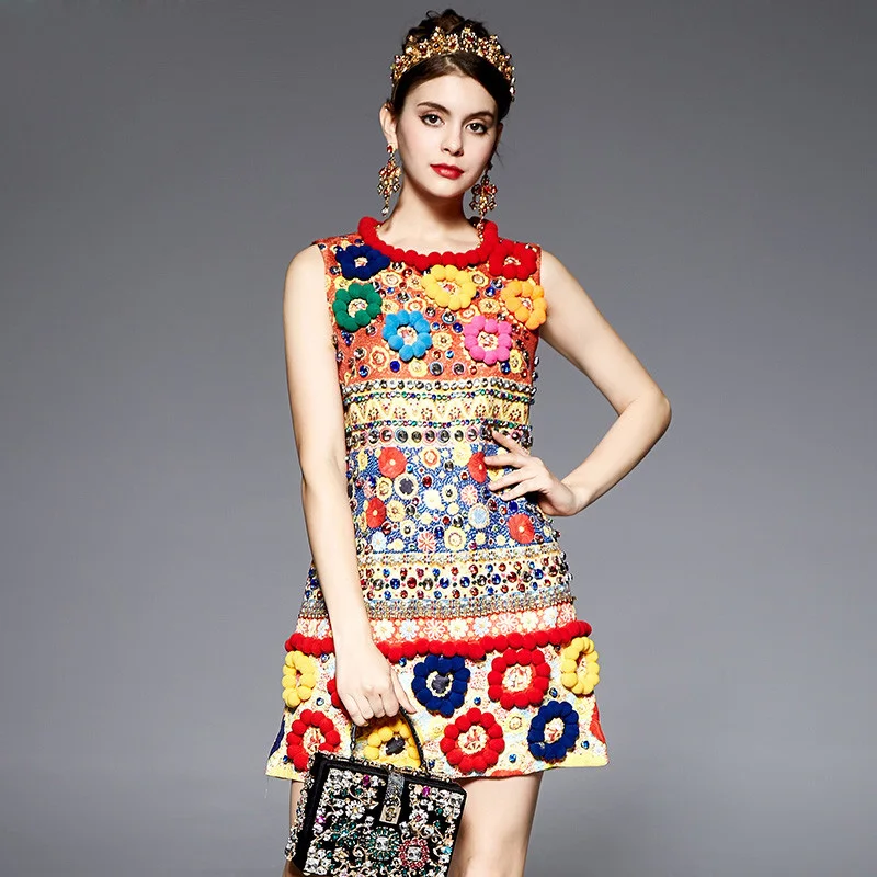 

High Quality 2017 Runway Fashion Designer Dress Women's Sleeveless Fuzzy Ball Diamonds Beading Baroque Printed Embossed Dress