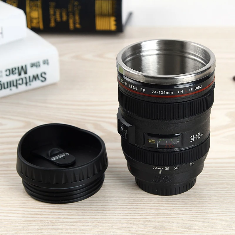 400ML Creative Camera Lens Mug Plastic Coffee Tea Cup With Lid Thermocup Thermomug Stainless Steel liner Vacuum Flasks Gifts