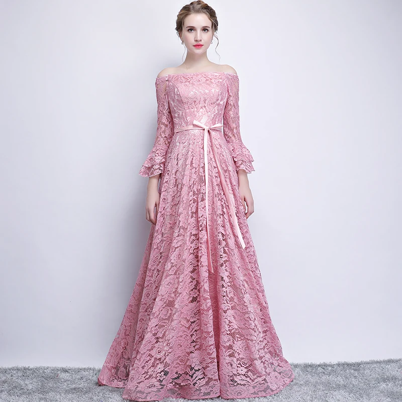 

Doparty pink lace long imported party muslim evening dress formal evening gowns with sleeves mother of the bride dresses XS3