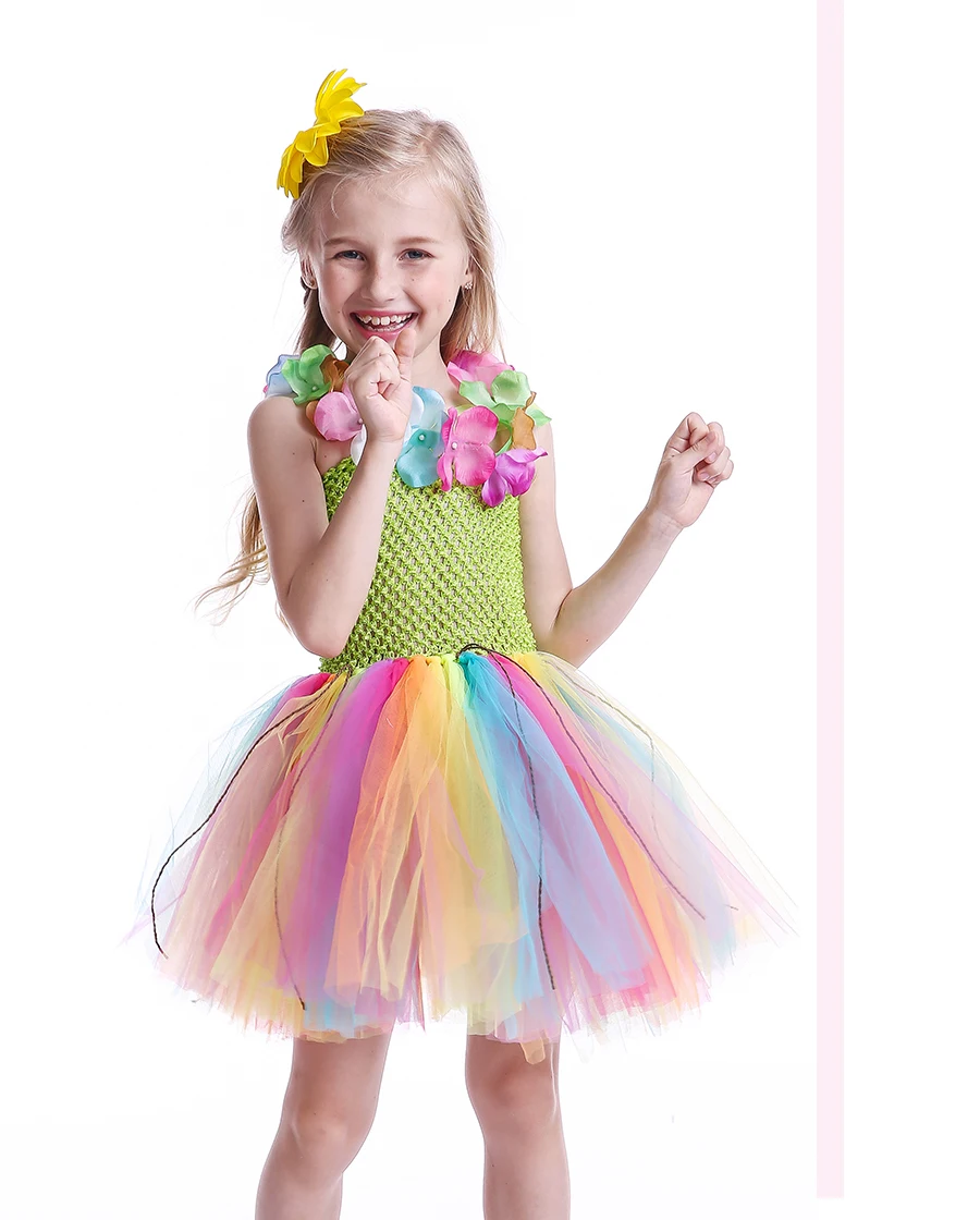 Hula Syle Girls Rainbow Colored Tutu Dress with Flower Necklace Kids Birthday Party Pageant Costume Handmade Sweet Tulle Dress (6)