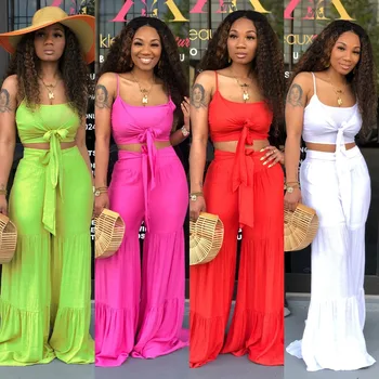 

2019 Fashion Solid Strapless Strap Sleeveless Bandage Crop Tops With Loose Pants Women Sexy Pants Suits