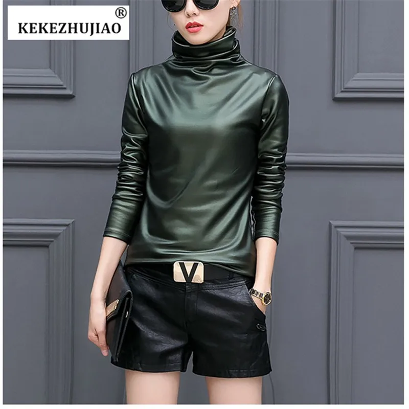 Женская блузка из искусственной кожи с высоким воротом размера плюс, металлизированная, с длинным рукавом, искусственная кожа, мокрого вида, рубашки, пуловер, плюс вельветовый толстый Топ, Ladies2017 - Цвет: Army Green
