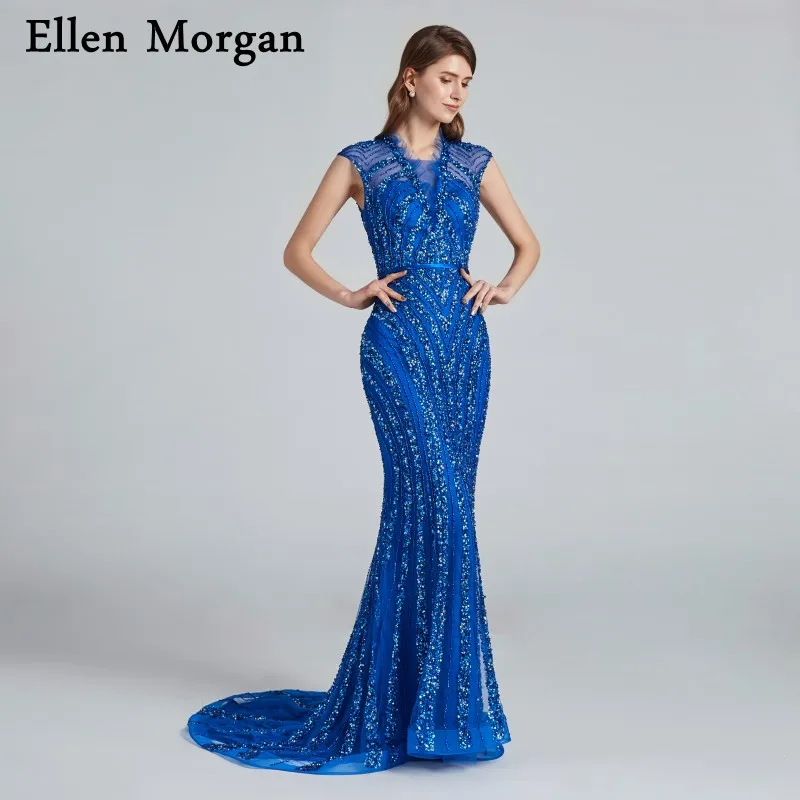 

Blue Mermaid Evening Dresses 2019 Robe De Soiree Major Beading V Neck Cap Sleeves Dubai Caftan Elegant Formal Prom Party Gowns