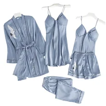 Серые женские 5 шт ремень Топ и штаны костюм пижама комплекты одежды для сна Демисезонный дома Ночная рубашка кимоно халат M-XL