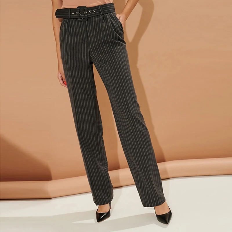 

Vintage Striped High Waist Pants Women 2019 Spring Summer Dark Gray Sashes Pockets Harem Pants Elegant Office Ladies Pants Femme