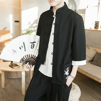 

Cotton Linen Chinese Style Tang Men Jacket Embroidered Summer Mens Clothing Streetwear