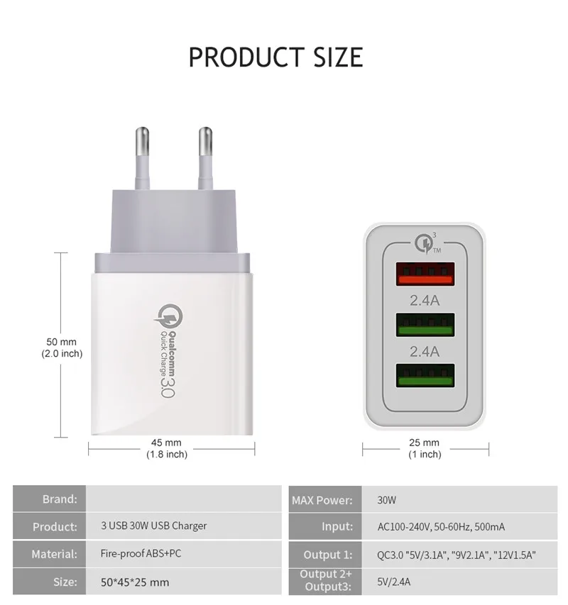 Универсальный 30 Вт USB quick charge 3,0 для iphone 7 8 Plus X XS Max EU US Plug быстрое зарядное устройство для мобильного телефона Samsug S10 S8 S9