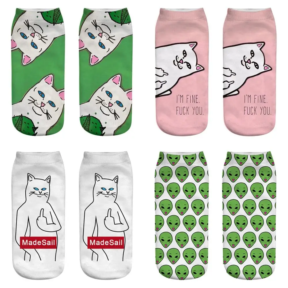 

Women Fashion 3D Animals Women Cotton Socks Art Funny Alien Planet Creative harajuku Cartoon Cat Breathable short Socks meia