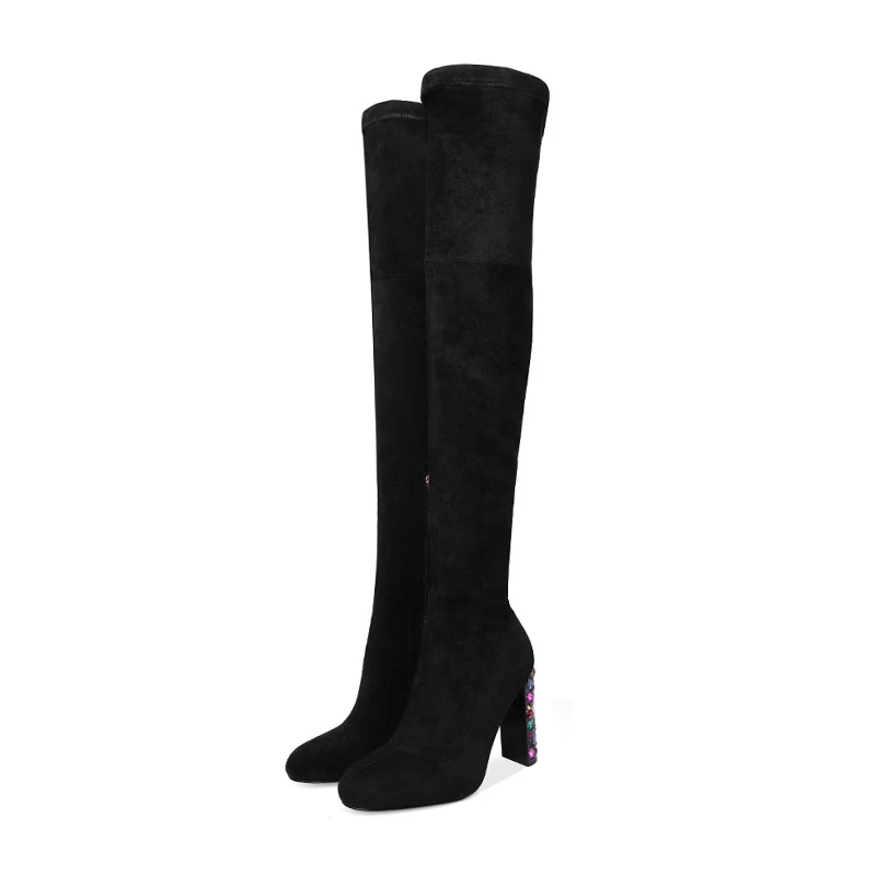 WETKISS/зимние эластичные женские Сапоги выше колена обувь с круглым носком и кристаллами женские сапоги на высоком каблуке обувь на молнии для вечеринок женская обувь - Цвет: Черный