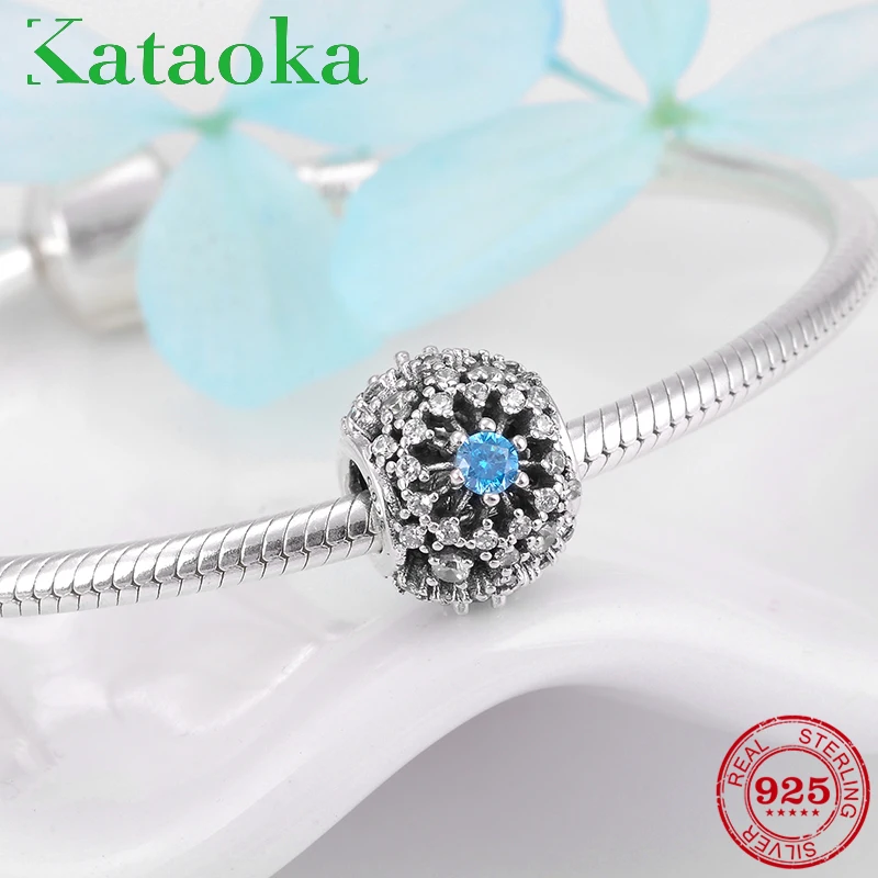 

Real 925 Sterling Silver Shiny Charms hollow out flower CZ blue Beads Fit Original Pandora Charm Bracelet Jewelry making