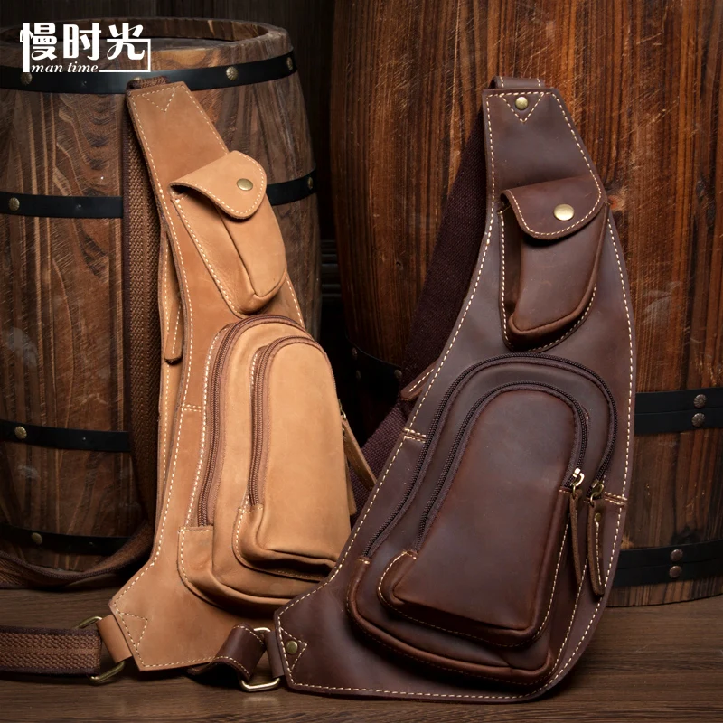 

Slow time vintage leather casual chest pack Crazy Horse Leather Handmade Leather chest female leisure Xiekua package bag