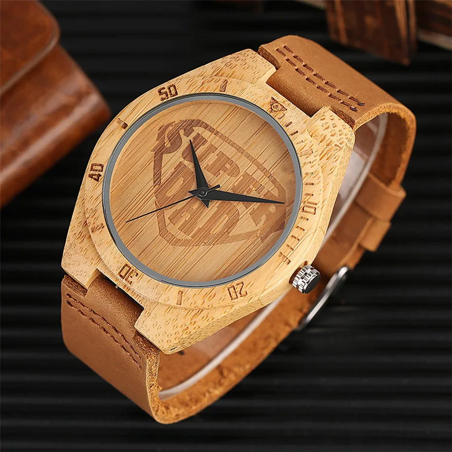 YISUYA Nature Bamboo Creative Watches SUPER DAD Face Nature Wood Wristwatch Men Quartz Genuine Leather Band Fashion Clock Gift  (1)