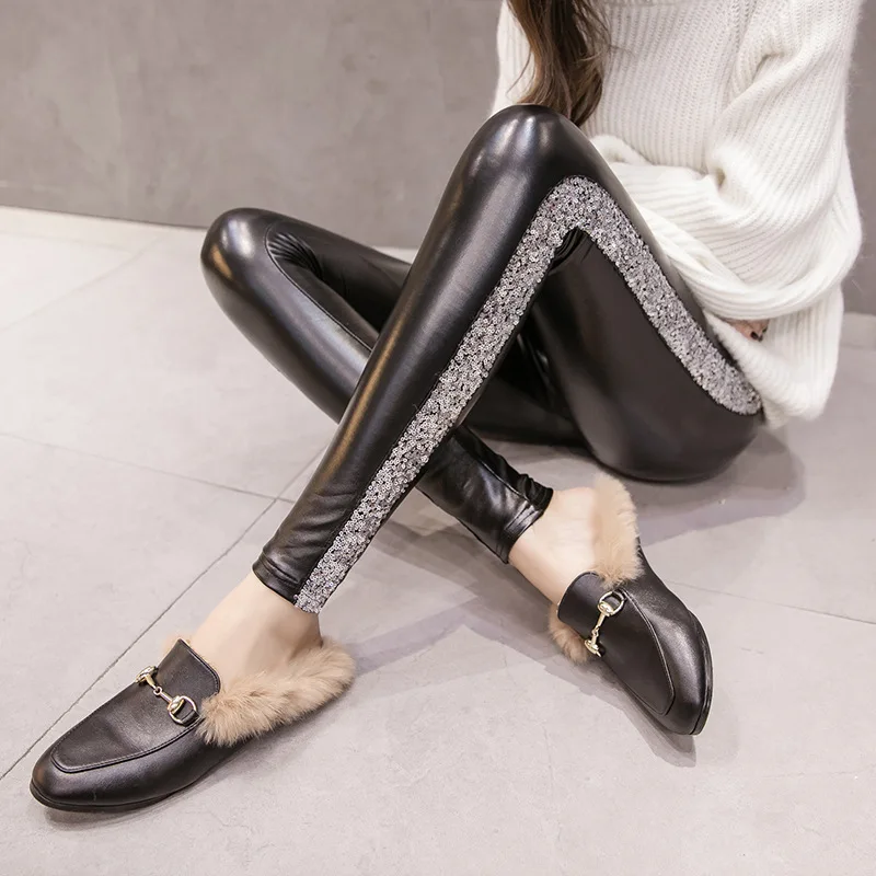 

Kaguster Winter Sequin PU Velvet Leggings Autumn Women clothes 2019 leather sexi High waist fitness women Snakeskin push up