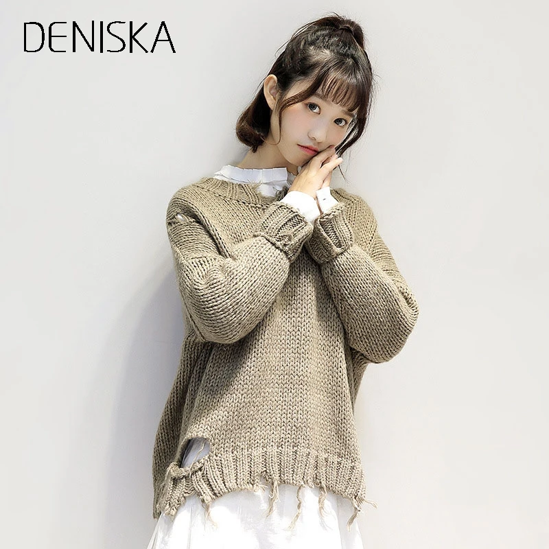 DENISKA 2018 Women Autumn Winter Knitted Distressed Sweaters Holes Ripped O Neck Loose Female Short Pullovers Femme Kni | Женская одежда