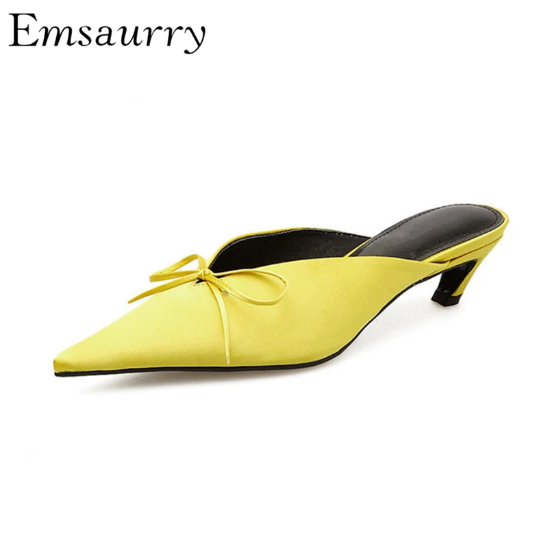 

2019 Spring New Candy Color Satin Mules Kitten Heel Sexy Pointed Toe V-cut Out Butterfly-knot Slippers Women