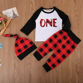価格 2018 クリスマス新生児の少年少女の長袖トップス Tシャツ赤黒のチェック柄パンツ帽子服セット冬服