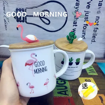 

2018 Valentine's Day Flamingos Bird Coffee Mugs Tea cup ceramic cup with Spoon wood Lid water bottles Breakfast Milk cups Gifts