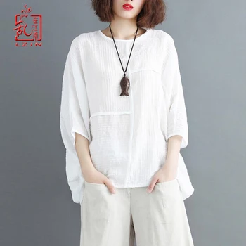 

LZJN Summer Women Fashion Shirt Solid White Black Color Oversize Loose Tops Batwing Sleeve Casual Cotton Linen Tops Plus Size