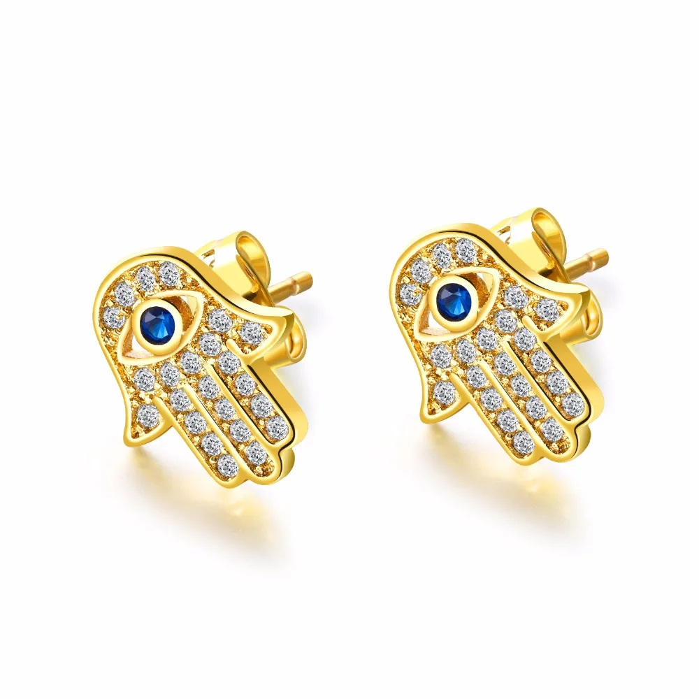 

1 pair Fatima Hand Stud Earrings for Men Women Islam Muslim Amulet Earring Male Hip Hop CZ Earrings Jewelry Gold Silver