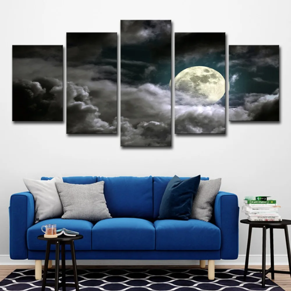 

5 Piece Modern Full Moon Heavy Clouds Canvas Prints Stretched Artwork Abstract Space Black and White Pictures to Photo Paintings