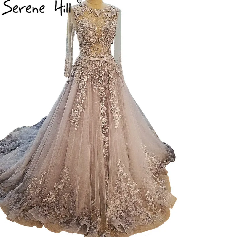 

Advanced Gray Flowers Beading Tulle Wedding Dress Long Sleeves Bride Gown Vestido De Noiva Princesa Luxo 2019 Real Picture
