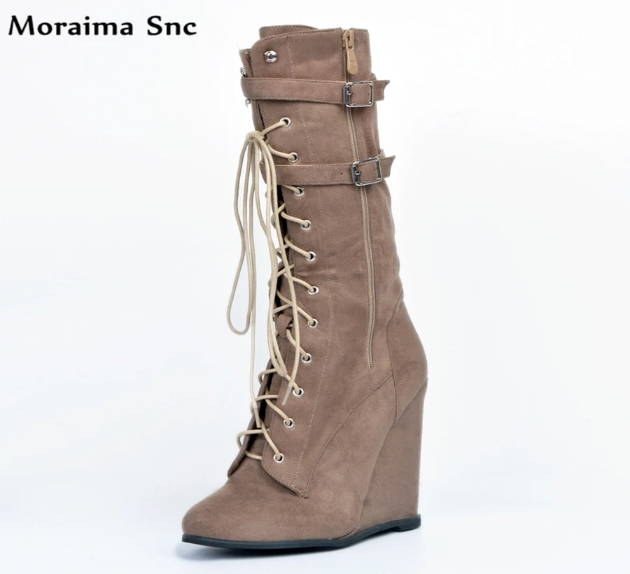 

Moraima Snc Winter fashion women Boots Round toe Wedges Knee-high Gladiator boot Lace-up mid-calf strap Decoration