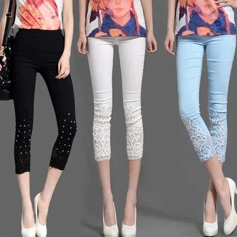 

Women Lace Pants Crochet Rhinestone Skinny Stretch Cropped Crochet Lace Diamond Leggings Capris Pants Summer Plus Size S-4XL