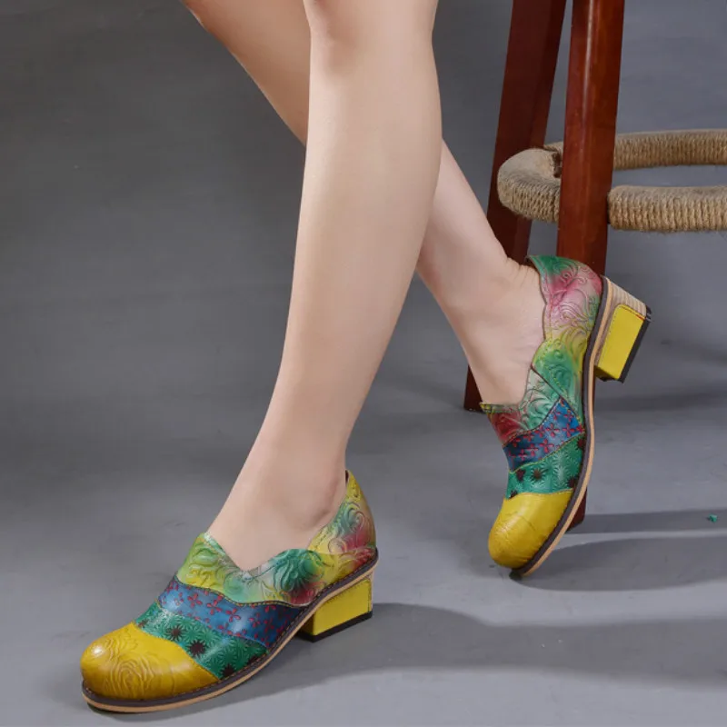 

Women Leather Pumps Embroidery High Heels Autumn Shoes Lady Brand Pumps Women Handmade Genuine Leather Lazy Shoes Chunky Heel143