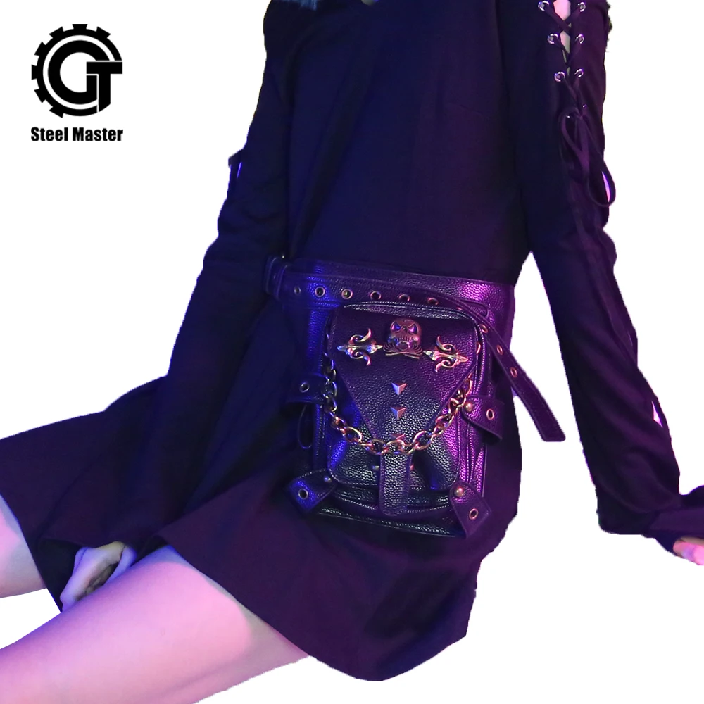 

Fashion Retro Rock Bag Black Leather Skull Gothic Women's Leather Bag Gram Messenger Bag Motorcycle Leather Leg Bag