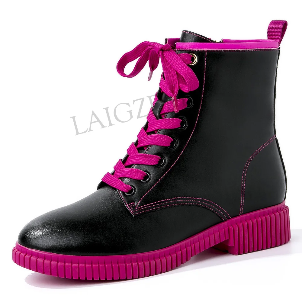 

LAIGZEM 2020 Colorful LEATHER Women's Ankle Boots Zip Low Heels Round Toe Boots Winter Combat Fuchsia Botas Mujer Size 34-39