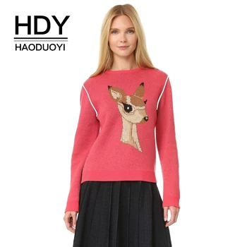 

HDY Haoduoyi Brand 2020 Christmas Party Women Sweet Pink Printed Casual Sweaters O-Neck Female Basic Pullovers Lady Tops