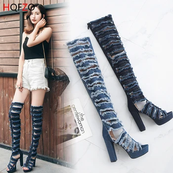 

HQFZO Quality Tight High Jeans Boots Sexy Fashion Do Old Over the Knee Boots High Heels Peep Toe Shoes Zapatos De Mujer Summer