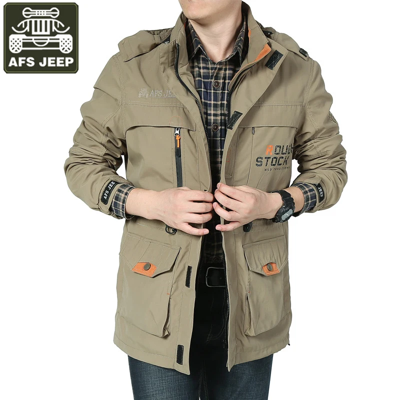 

AFS JEEP Jacket Men Windbreaker Military Jacket Hooded Collar Removable Coat Male Casual Wide-waisted Multi-pockets Mens Jacket