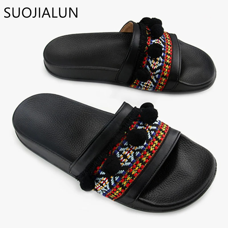 

SUOJIALUN Women Slippers Female Summer Beach Ladies Sandals Fashion Brand Fringe Slip On Slides Flip Flops Slippers