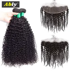 13x4 Kinky Curly Кружева Фронтальная застежка с пучками бразильские человеческие волосы плетение 3 Связки с фронтальным умело Реми волосы