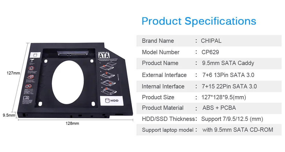 CHIPAL Универсальный 2-ой HDD Caddy 9,5 мм SATA 3,0 для 2,5 ''9 мм 7 мм SSD корпус для жесткого диска корпус для ноутбука CD корпус для ноутбука DVD ROM optibay