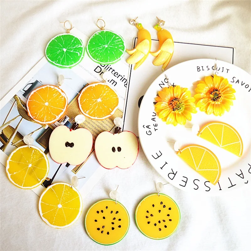 

2019 Korean cartoon fruit watermelon banana lemon fashion simulation food egg acrylic personality dangle earrings women jewelry
