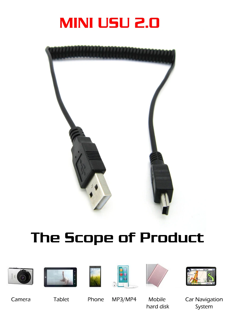 1.5m Mini USB Cable Fast Charging Data Cable For Cellular Phone Digital Camera HDD MP3 MP4 Player Tablets Spring Extension cable (3)