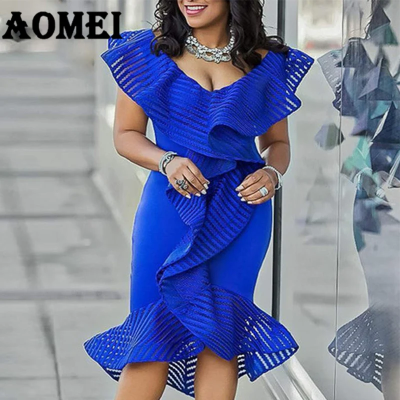 Ceny Kobiety Party niebieska sukienka Sexy wzburzyć Patchwork Tulle Lady Clubwear kolacja wieczór Plus rozmiar szczupła obcisła tunika Femme szaty XXL