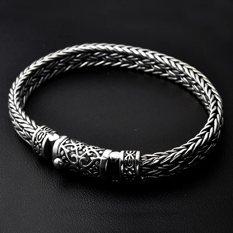 

S925 Silver hand-woven Bracelet Thai Silver Retro Tide men's Personality Rough Sterling Silver Bracelet A Generation